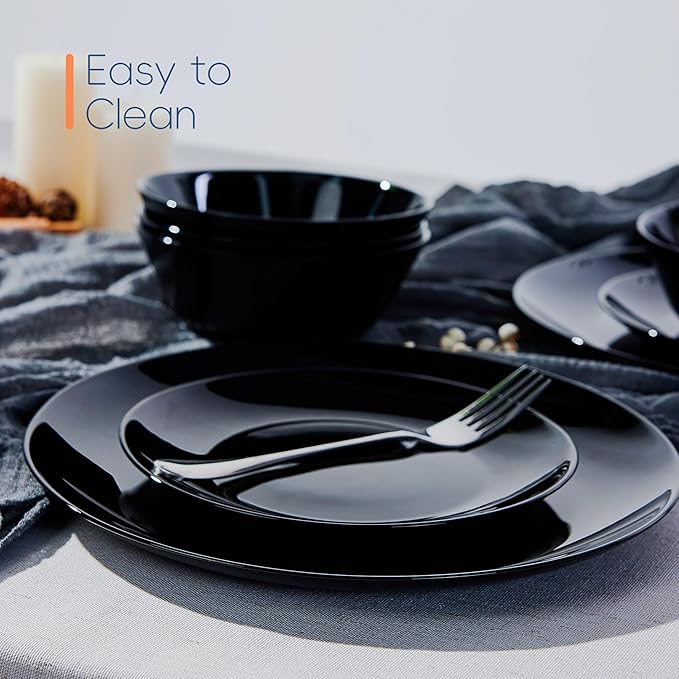 7.5 inch Appetizer Plate Set of 6, Lightweight Opal Glass Round Black Salad Plates for Dessert Kitchen, Dishwasher and Microwave Safe