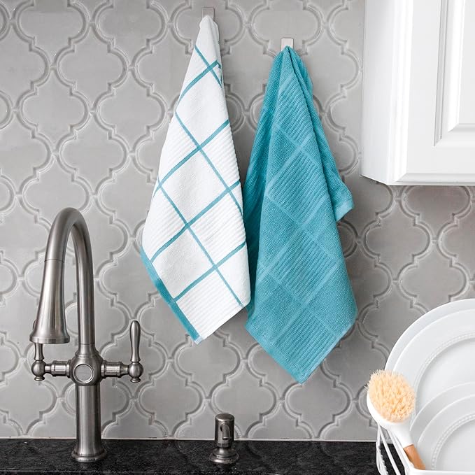 T-fal Solid & Checked Parquet Kitchen Towels: Highly Absorbent, Super Soft Long Lasting - 100% Cotton, 16"x26" Dish Towels for Cleaning & Drying Dishes, Pans, Glassware, Countertops, 6-Pack, Breeze