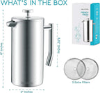 Belwares French Press Coffee Maker 34oz - 304 Stainless Steel Insulated Coffee Press, Double-Wall Heat Resistant Design with 4-Level Filtration System, Rust-Free & Dishwasher Safe (1.5 Liter), Silver