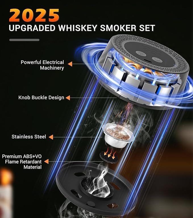 Whiskey Smoker Kit with Built-in Lighter, Electric Cocktail Smoker Kits with 6 Wood Chips Old Fashioned Bourbon Drinking Smoking Kit Gifts for Dad Husband Men Father, No Butane Needed, Black