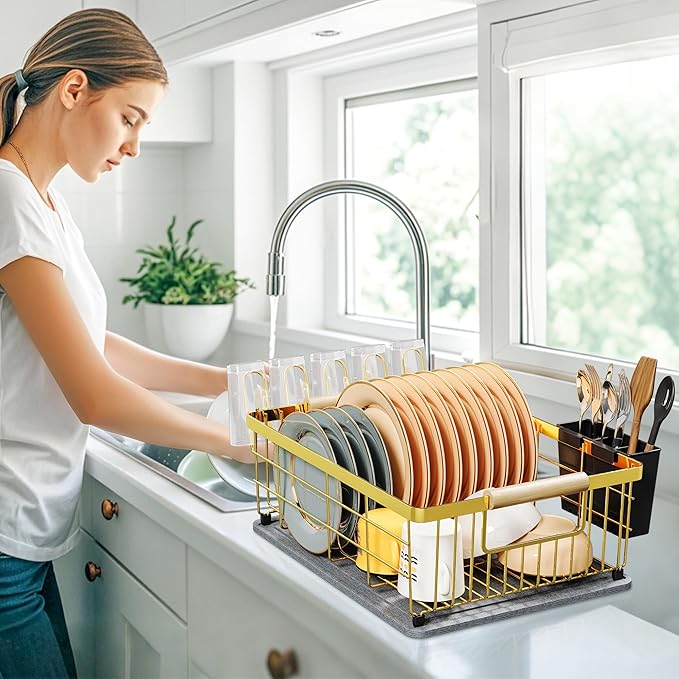 Dish Drying Rack Gold with Diatomaceous Earth 1 Tier,Multifunctional Dish Racks for Kitchen Counter Quick-Drying,Large Capacity Space Saving with Cutlery Cups Holder