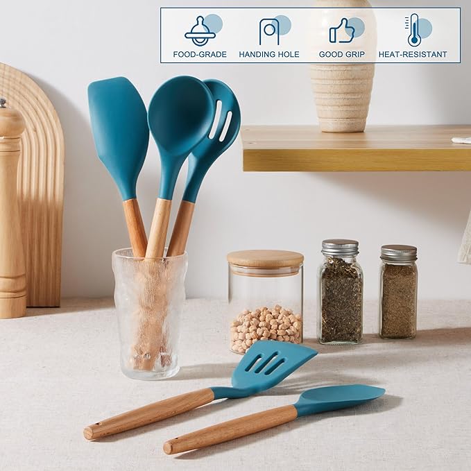 E-far Blue Silicone Cooking Utensils Set, 10-Piece Kitchen Utensils Set with Wooden Handle for Nonstick Cookware, Heat Resistant Kitchen Nonstick Tools Spatula Whisk Tongs Ladle, Non-toxic & Healthy