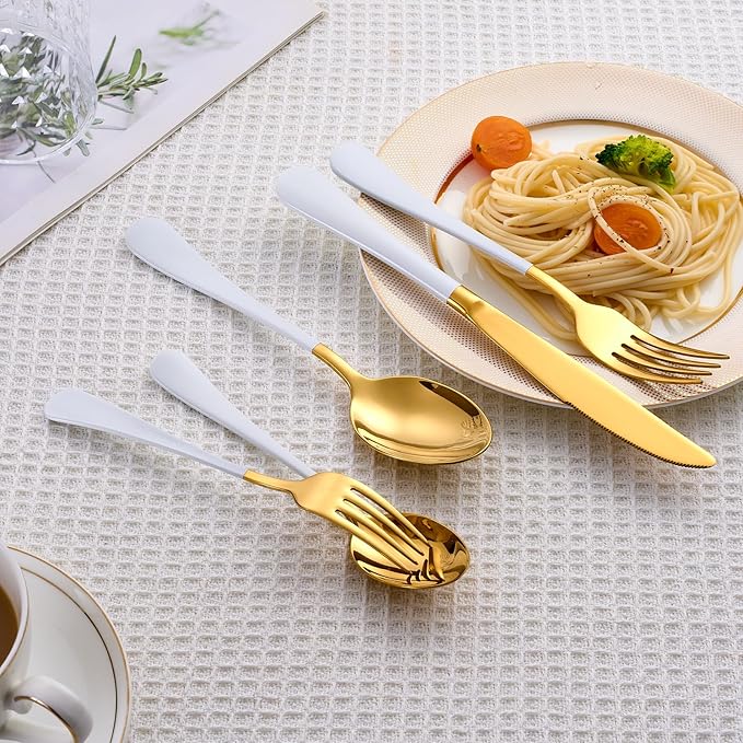 20 Piece Gold and White 18/0 Flatware Utensil Set for 4, Include Dinner Knife,Dinner Forks,Dinner Spoons,Salad Forks,Teaspoons,Silverware Set for 4, Dishwasher Safe