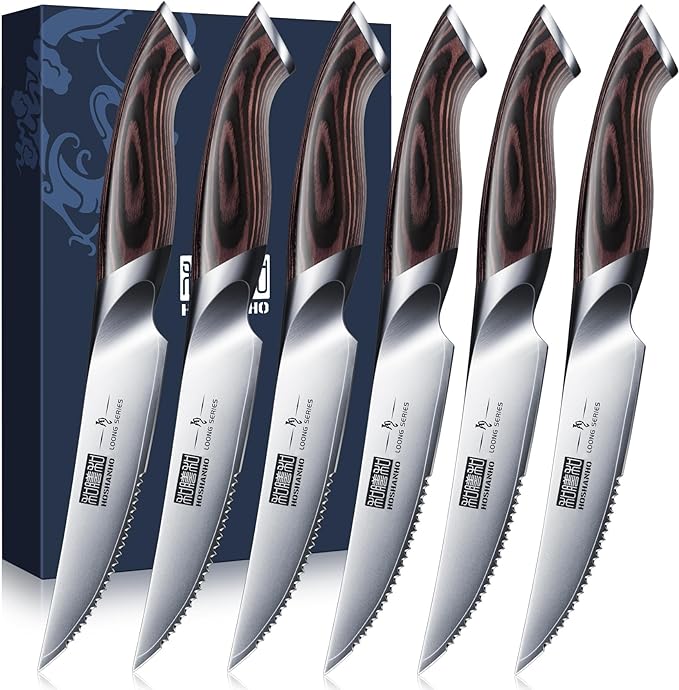HOSHANHO Steak Knives Set of 6, Ultra Sharp 4.5 Inch Serrated Steak Knife Set, Japanese High Carbon Steel Kitchen Steak Knives with Ergonomic Handle
