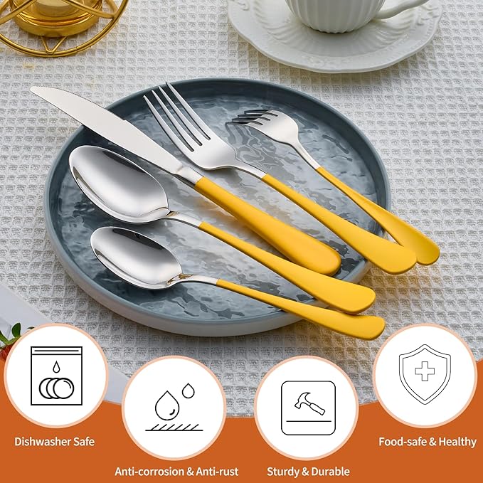 20 Piece Yellow 18/0 Flatware Utensil Set for 4, Include Dinner Knife,Dinner Forks,Dinner Spoons,Salad Forks,Teaspoons,Silverware Set for 4, Dishwasher Safe