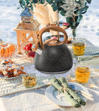 Whistling Tea Kettle Stovetop, Tea Pots for Stove Top Food Grade Stainless Steel with Wood Pattern Handle, 3.2Quart (Black)