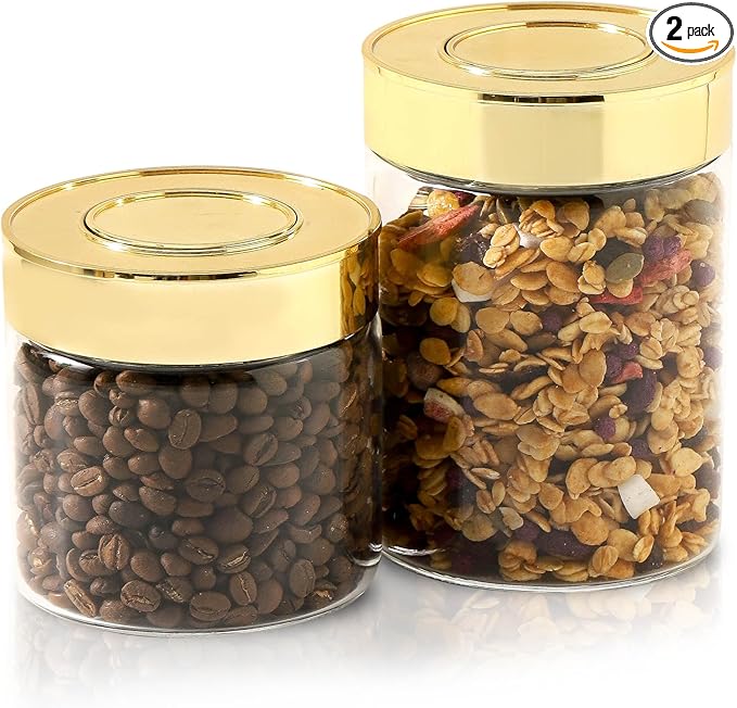 Airtight Glass Food Storage Containers, Kitchen Glass Canisters with Lids -Coffee Pasta Sugar Tea Snack Nuts Cookie Flour Food Container - Set of 2,Wide Mouth, One-Touch Locking Lids