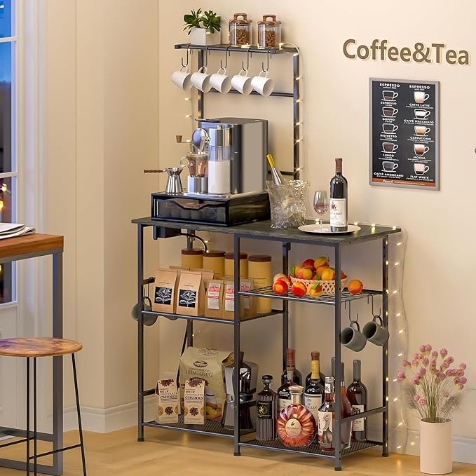 Bakers Rack with Power Outlet, Kitchen Microwave Stand with 10 S-shaped Hooks, 6-Tier Coffee Bar Station, Kitchen Storage Shelf Rack for Spices, Pots, Gray