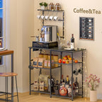 Bakers Rack with Power Outlet, Kitchen Microwave Stand with 10 S-shaped Hooks, 6-Tier Coffee Bar Station, Kitchen Storage Shelf Rack for Spices, Pots, Gray