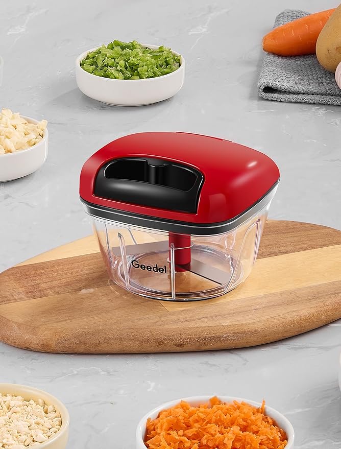 Manual Food Processor Vegetable Cutter, Geedel Pull Chopper with String, Food Chopper Vegetable Cutter for Veggies, Fruits, Salad, Onion, Nuts, Herbs, etc, 2 Cup(500ml), Red