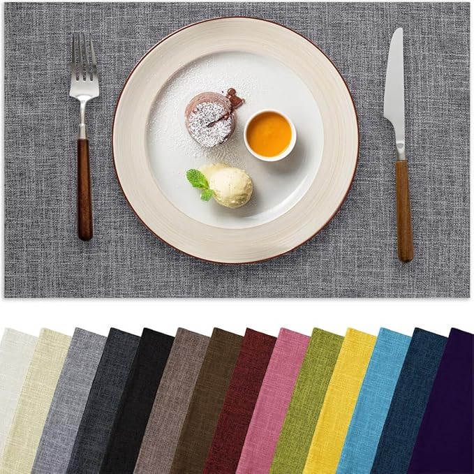 Placemats Set of 4, Bilayer Thickened Linen Place Mats Heat Resistant Machine Washable Wrinkle Free Carefully Selected Polyester Mats for Kitchen/Dining/Coffee Table (Light Grey)