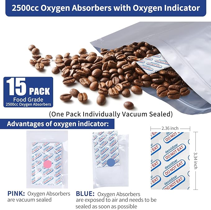 15 Pcs 5 Gallon Mylar Bags with 15 Pcs Individually Wrapped 2500CC Oxygen Absorbers for food storage, Zipper Resealable Heat Sealable Bags,24 Labels & 20 Pcs 1/2 Pint Mylar Bags(4 Colors)