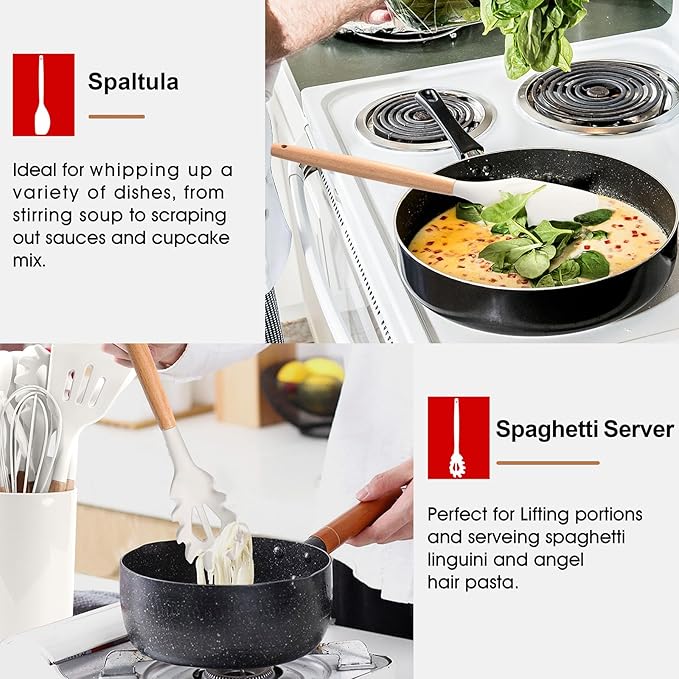 E-far White Cooking Utensils Set of 6, Silicone Kitchen Utensils with Wooden Handle, Non-stick Cookware Friendly & Heat Resistant, Includes Spatula/Ladle/Slotted Turner/Serving Spoon/Spaghetti Server