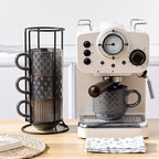 JIEMEI HOME Large Ceramic Coffee Mug Set of 4 with Stand, 15 Oz Stackable Embossment Ribbed Latte Cup Set for Cappuccino, Latte, Tea, Hot Cocoa, Drinks - Dishwasher & Microwave Safe, Dark Purple