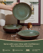 32 Piece Double Bowl Dinnerware Sets with Pasta Bowls, Highly Chip and Crack Resistant Plates and Bowls Sets, Natural Earthyware Ceramic Dishware Sets, Service for 8 Brown Green