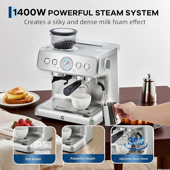 Stainless Steel Espresso Machine with Grinder and 20 Bar Pressure, 2.8l Removable Water Tank, Milk Frother Steam Wand for Latte and Cappuccino, Adjustable Shot Volume,Silver