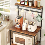 Kitchen Bakers Rack with Storage Shelves, Small Coffee Bar Cart with 8 Hooks, 4 Tiers Microwave Stand Station with Adjustable Shelves, Freestanding Kitchen Appliance Organizer, Rustic Brown