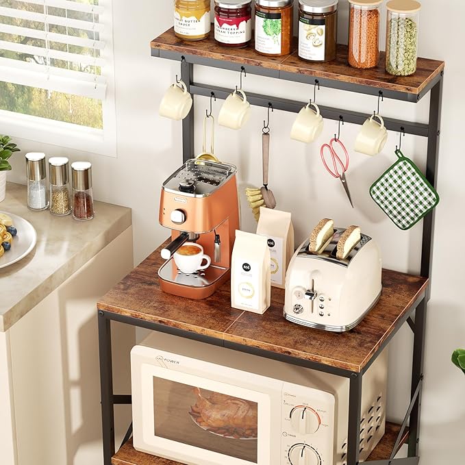 Kitchen Bakers Rack with Storage Shelves, Small Coffee Bar Cart with 8 Hooks, 4 Tiers Microwave Stand Station with Adjustable Shelves, Freestanding Kitchen Appliance Organizer, Rustic Brown