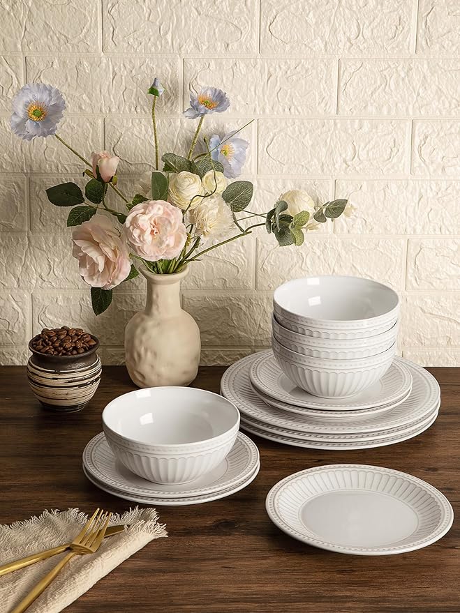 Famiware Garden Plates and Bowls Sets, 18-Piece Dishes Set for 6, Scratch Resistant Kitchen Dishes Dinnerware Set - Microwave and Dishwasher Safe, Reactive Glaze and Embossed Stoneware, White