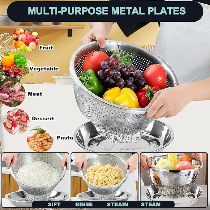 4+3 Stainless Steel Colander Set, 4 Sizes (1.8 qt, 2.3 qt, 3 qt, 4 qt) with 1 Mesh Strainer + 2 10-inch Stainless Steel Round Plates, for Washing Rice, Fruits, Vegetables, Draining Pasta, Meat