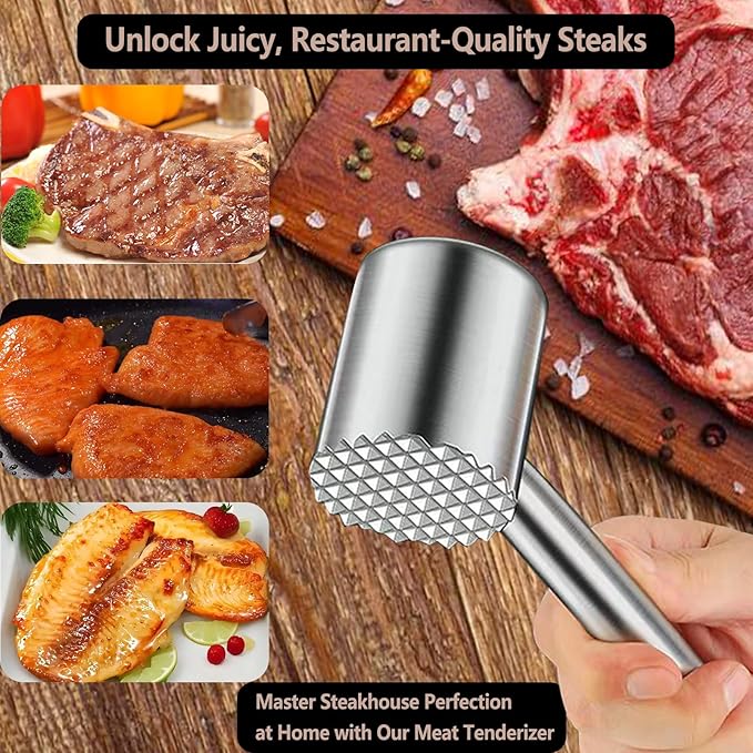 304 Stainless Steel Meat Tenderizer Mallet - Dual-Sided Heavy Duty Kitchen Hammer for Tenderizing & Flattening Steak, Beef, Chicken, Fish & Nuts, Dishwasher Safe with Ergonomic Grip (sliver)