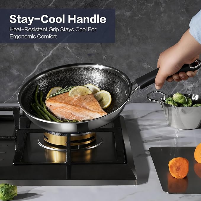 Non Stick Frying Pan Set, 8, 10 and 12-Inch Hybrid Non Toxic Fry Pan Skillet with Lids, Dishwasher and Oven Safe, Induction Ready, Silver Kitchen Cookware set (8-Piece Set)