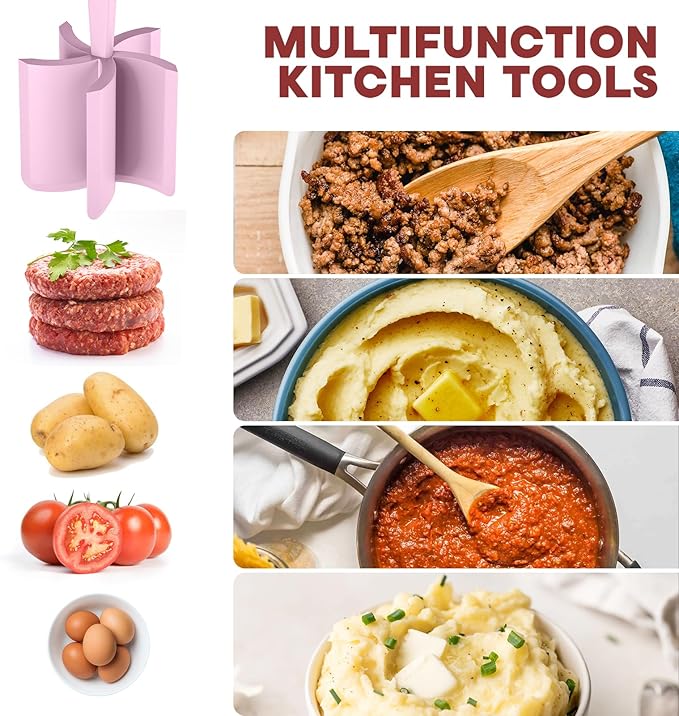 Meat Chopper, Hamburger Grinder, Premium Heat Resistant Smasher for Ground Beef, Burger Grinder Nylon Potato Mix Tool-Pink