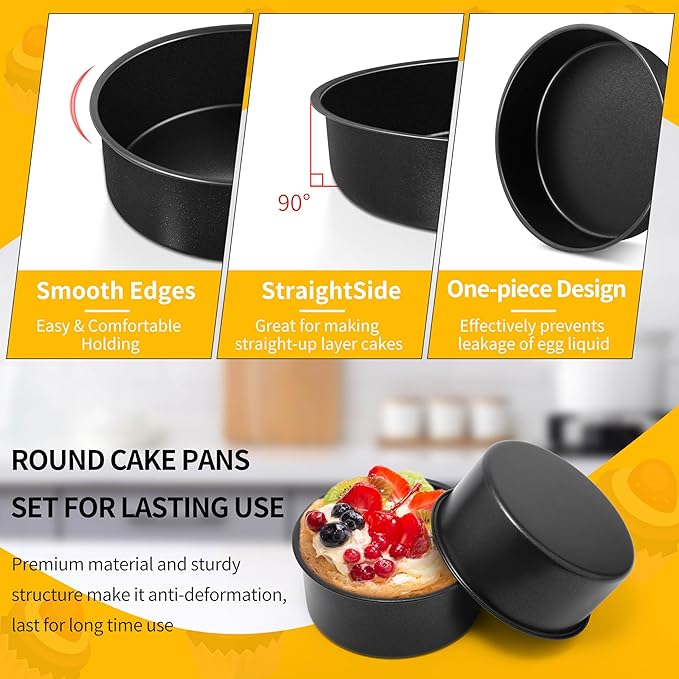 P&P CHEF Non-stick Cake Pan Set of 4, 4 Inch Round Baking Cake Pans Tins for Tier Smash Cakes, Non-Toxic & Solid, Stainless Steel Core & Leak-Proof, 4Pcs