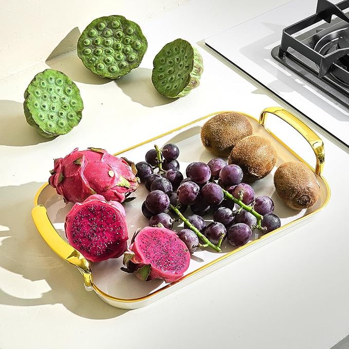 Serving Tray with Handles Set of 3 Rectangular Large Serving Platters 16.5/14.9/13.2 Inch White Plates for Dinner, Party, Entertaining, Cream Gold