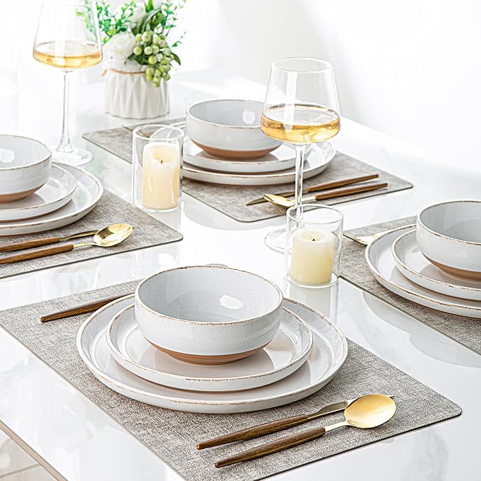 AmorArc Ceramic Dinnerware Sets with Pasta Bowls for 4, Handpainted Plates and Bowls Set with Rustic Terracotta Underside, Scratch Resistant Dishes Set, Dishwasher & Microwave Safe, 16 Pcs-White