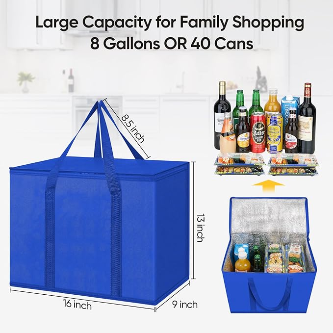 BALEINE 2Pk Insulated Reusable Grocery Bags, Collapsible Cooler Bag for Groceries, Heavy Duty Large Insulated Bag (Large, Midnight Blue)