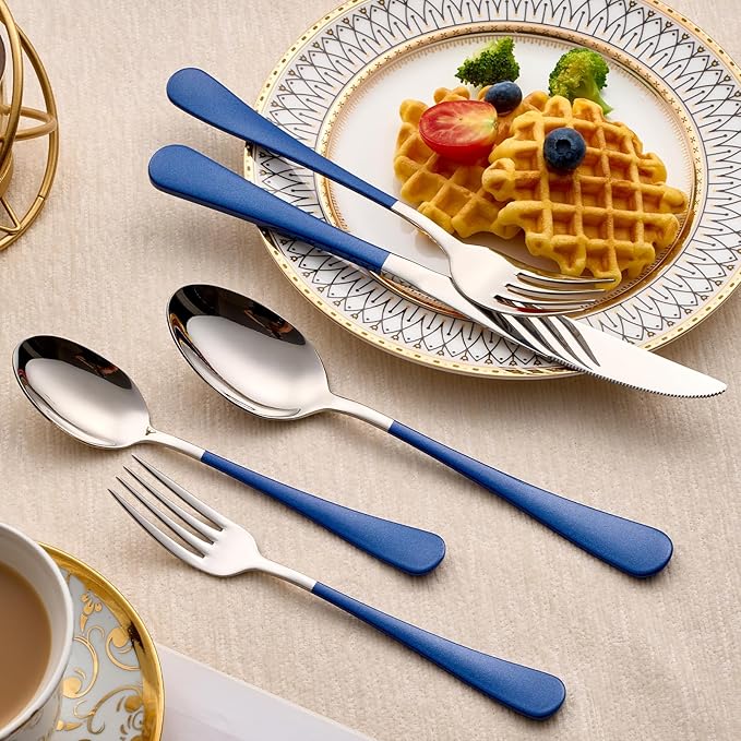 20-Piece Dark Blue Silverware Set 18/0 Stainless Steel Silverware Set Dark Blue Handle Cutlery Set Service for 4 Dinner Knives Forks Spoons Set Flatware Set Finish Dishwasher Safe