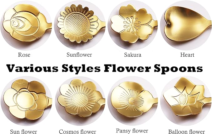 9 Pcs Flower Spoon Coffee Teaspoon Set, ESRISE Stainless Steel Tea Spoon for Tea Party Decorations (Gold)