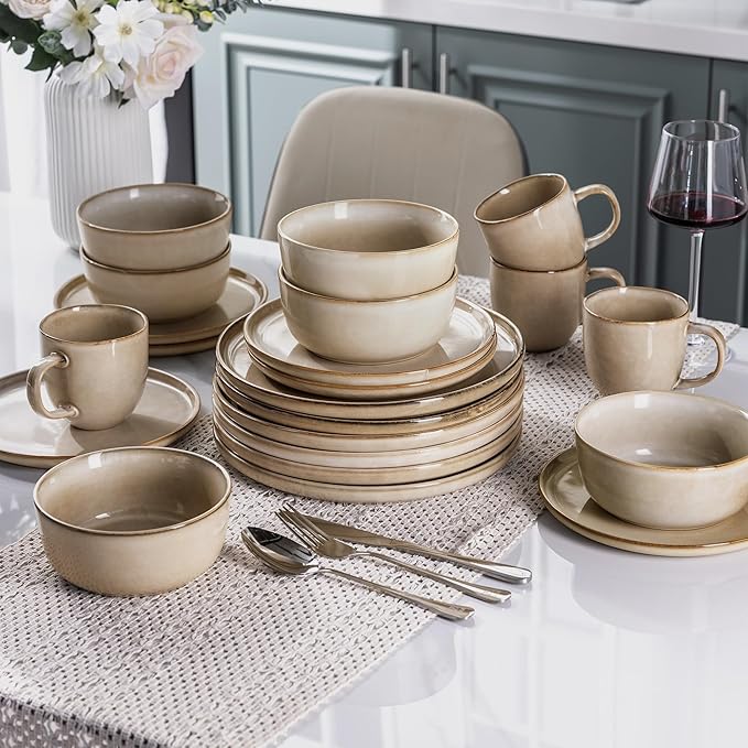 AmorArc Stoneware Dinnerware Sets,Round Reactive Glaze Ceramic Plates and Bowls Sets,Highly Scratch Resistant | Microwave & Dishwasher Safe,Cappuccino,Service for 8 Dishes Set