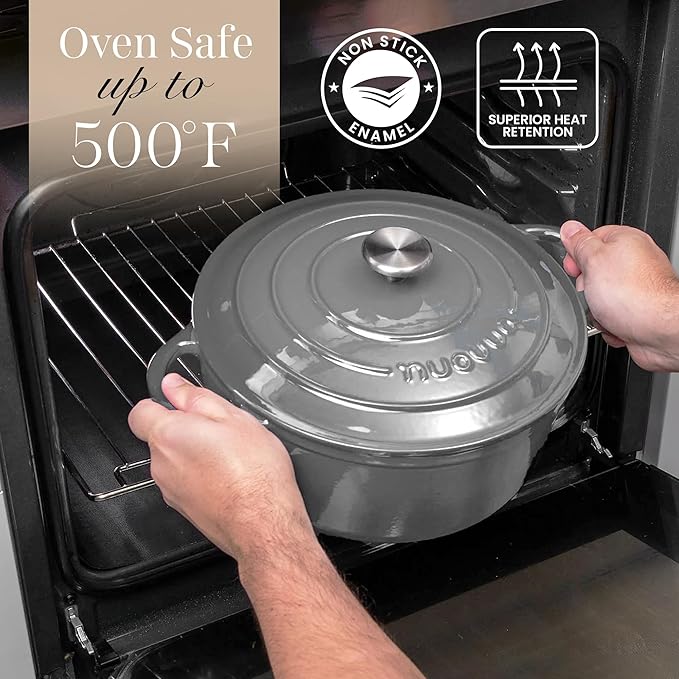 Nuovva Enamelled Cast Iron Dutch Oven Pot with Lid – 6.4 Quart Non Stick Casserole Pot – Heavy Duty & Oven Safe up to 500° F for Bread Baking, Braising, Stews, Roasting – 28cm Grey