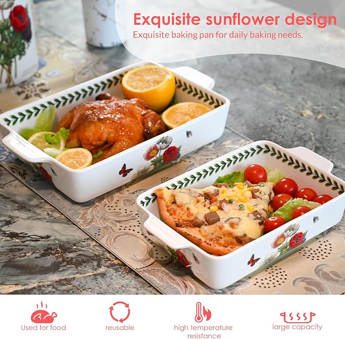 ACMLIFE Ceramic Casserole Dish for Oven, Floral Baking Dishes for Oven Lasagna Pan, Large Baking Dish with Handles, Durable and Oven Safe Pan, for Roasting and Baking, Gift Packaging 2 Pcs Set(13"x8"+10.3"x6.3") (Beauty)
