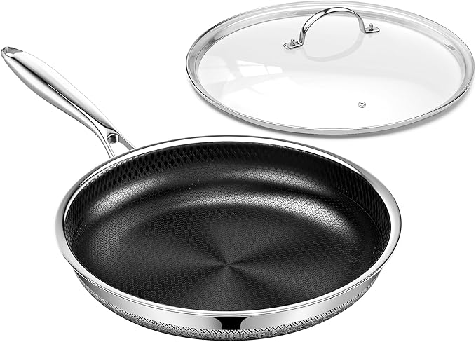 Non Stick Frying Pan with Lid, 12 Inch Ceramic Hybrid Tri-Ply Stainless Steel Frying Pans Nonstick W/Lid, Large Induction Skillet Frying Pans for Cooking, Metal Utensil Safe, PFAS/PFOA/PTFE Free