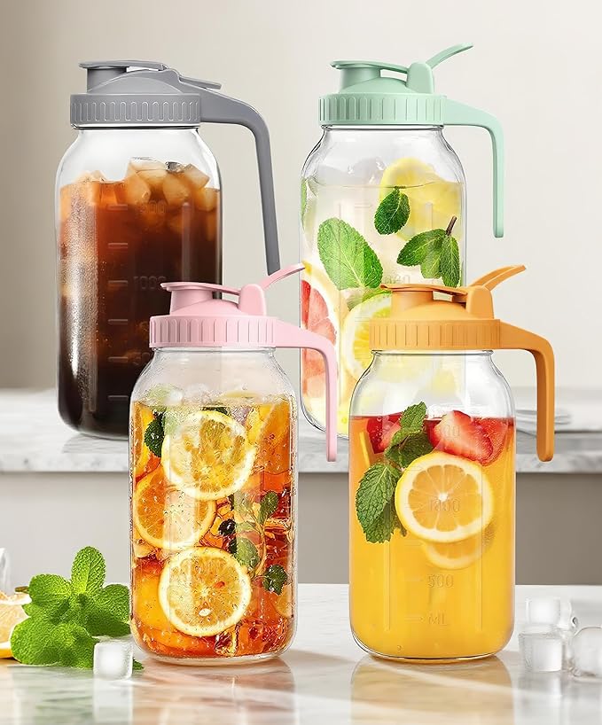 64oz Airtight Glass Pitcher with Lid, 2 Quart Wide Mouth Mason Jar Pitchers for Fridge, Leak-Proof Iced Tea Container,Large Dispenser for Juice,Cold Brew Coffee, Storage and Drinks-2PACK(Green+Pink)