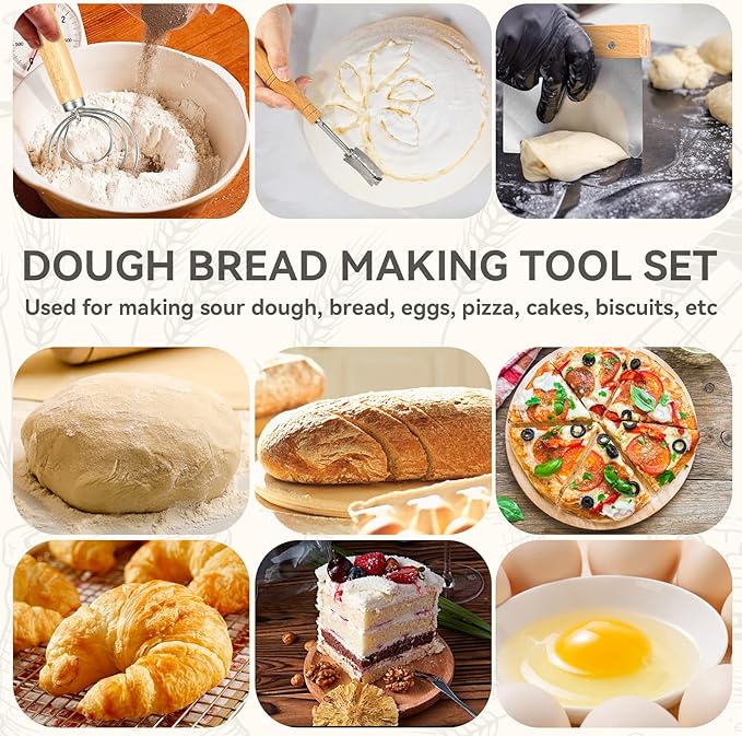Danish Dough Whisk - Bread Making Tool Set of 3 Pieces, Kitchen Bench Scraper, Sourdough Lame with 5 Pc Blades, Dough Scoring Tool Essential Kit for Making Bread, Sourdough, Pizza, Hamburger, Pastries
