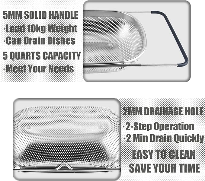 Over The Sink Strainer Stainless Steel Colander 5 Quart Basket with Expandable Rubber Grip Handles for Kitchen Sink - Strain, Drain, Rinse Fruits, Vegetables, Pasta, New Home Essentials