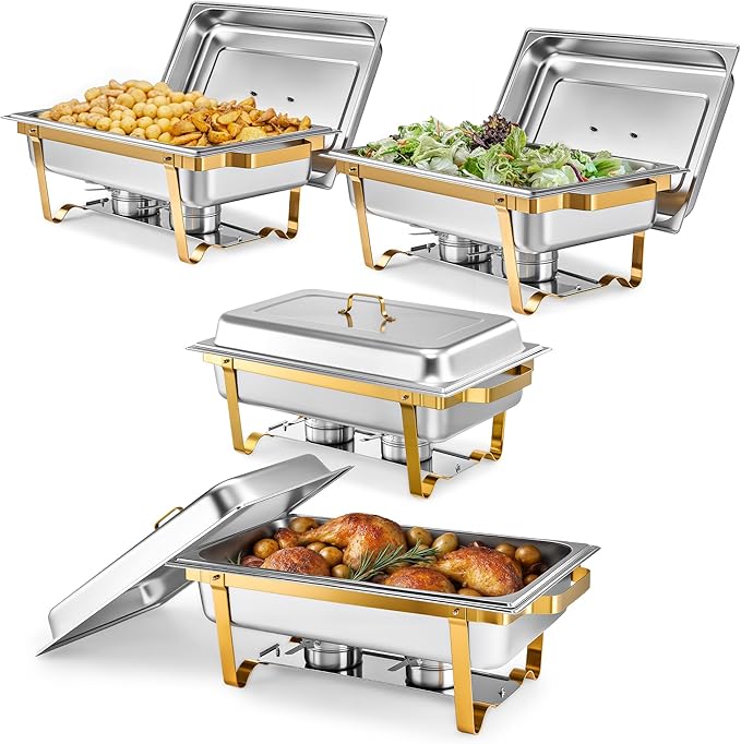 WILPREP Chafing Dishes for Buffet, 4 Pack 9 qt Chafer and Buffet Warmer Set with Full Size Pans & Foldable Frames, Food Grade Stainless Steel Food Warmers for Parties Buffets Banquets, Gold & Silver