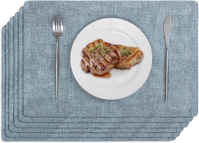 Softalker Vinyl Placemats Set of 6 - Faux Leather Heat Resistant Place Mats, 100% Waterproof Oilproof Wipe Clean Table Mats for Indoor & Outdoor Use, 17’’×12’’, Sky Blue