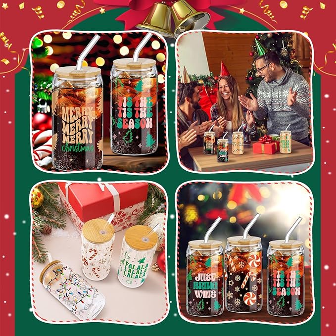 6 Pcs Christmas Glasses 16 oz Xmas Glass Cups with Lid and Straw Can Shaped Beer Tumbler Christmas Appreciation Gifts for Women Teenager Birthday Party Favor