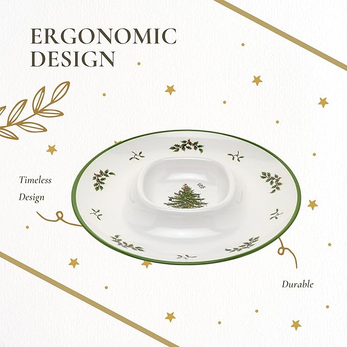 Spode Christmas Tree Melamine Chip and Dip - 14-Inch Serving Platter for Cheese, Appetizers, Chips, Salsa - Durable, Shatterproof, Dishwasher Safe - Ideal for Indoor & Outdoor Holiday Entertaining