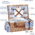 Wicker Picnic Basket Set for 2 Persons with Waterproof Picnic Blanket and Large Insulated Cooler Compartment, Willow Picnic Hamper Basket with Cutlery Service Kits for Camping, Wedding (Red)