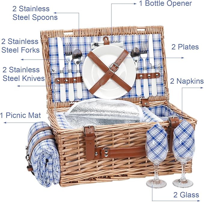Wicker Picnic Basket Set for 2 Persons with Waterproof Picnic Blanket and Large Insulated Cooler Compartment, Willow Picnic Hamper Basket with Cutlery Service Kits for Camping, Wedding (Red)