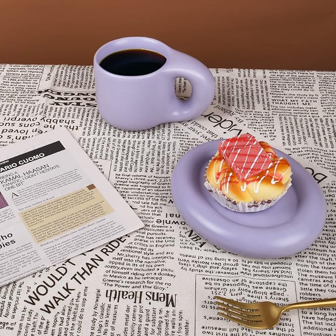 Koythin Ceramic Coffee Chubby Mug Saucer Set, Creative Cute Fat Handle Cup with Saucer for Office and Home, Dishwasher and Microwave Safe, 10 oz for Latte Tea Milk (Light Purple)