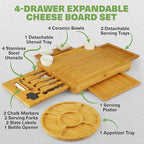 Dynamic Gear Charcuterie Boards with Drawers - Expandable Bamboo Cheese Board Set with Stainless Steel Utensils, Ceramic Bowls, Serving Trays, Utensil Drawer, and Appetizer Tray - 4 Hidden Drawers