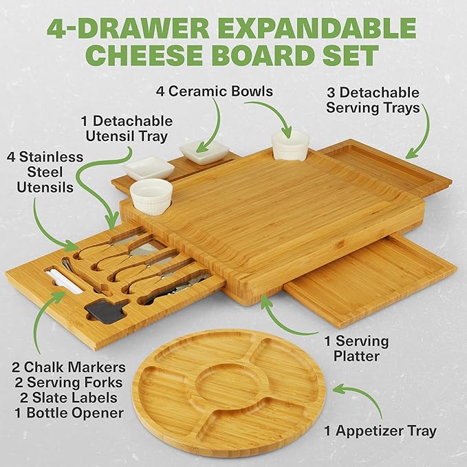 Dynamic Gear Charcuterie Boards with Drawers - Expandable Bamboo Cheese Board Set with Stainless Steel Utensils, Ceramic Bowls, Serving Trays, Utensil Drawer, and Appetizer Tray - 4 Hidden Drawers
