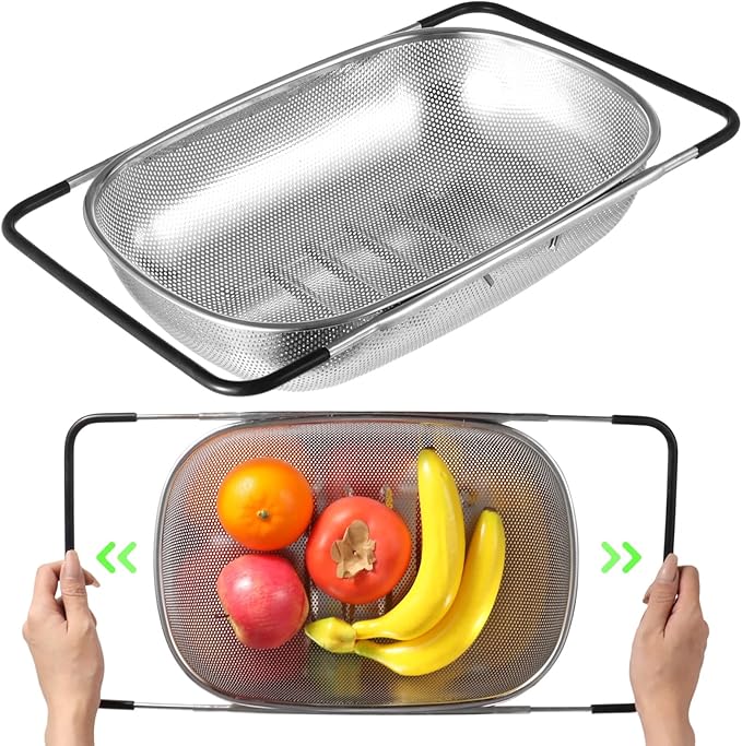 2 Pcs Over the Sink Colander, Strainers and Colanders for Kitchen Sink Strainer Basket with Expandable Handles Stainless Steel Strainer,Pasta Vegetable Food Fruit Strainer